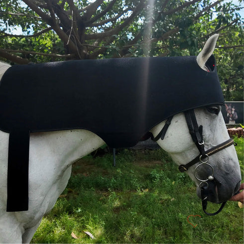 Horse wearing red and infrared light therapy poll cap and neck wrap for targeted poll and neck treatment